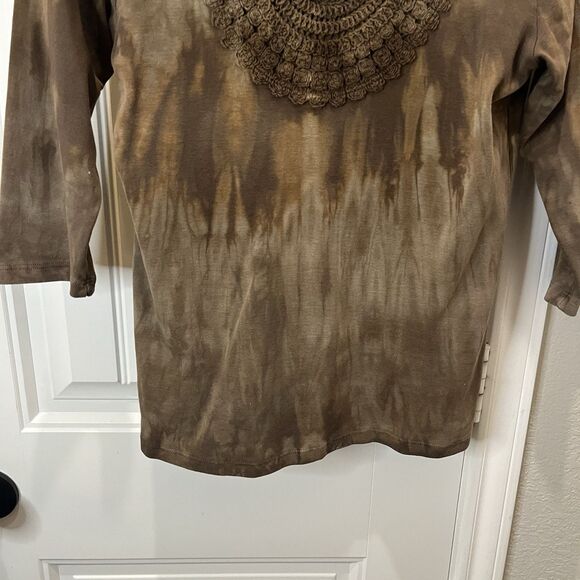 Glima Brown Tie Dye Shirt Womens Size L 3/4 Sleeve Hippie Boho Crochet Neck - Picture 3 of 9
